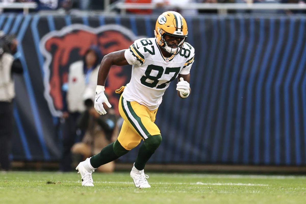 Romeo Doubs #87 of the Green Bay Packers runs downfield during an NFL football game against the Chicago Bears at Soldier Field on November 17, 2024 in Chicago, Illinois.