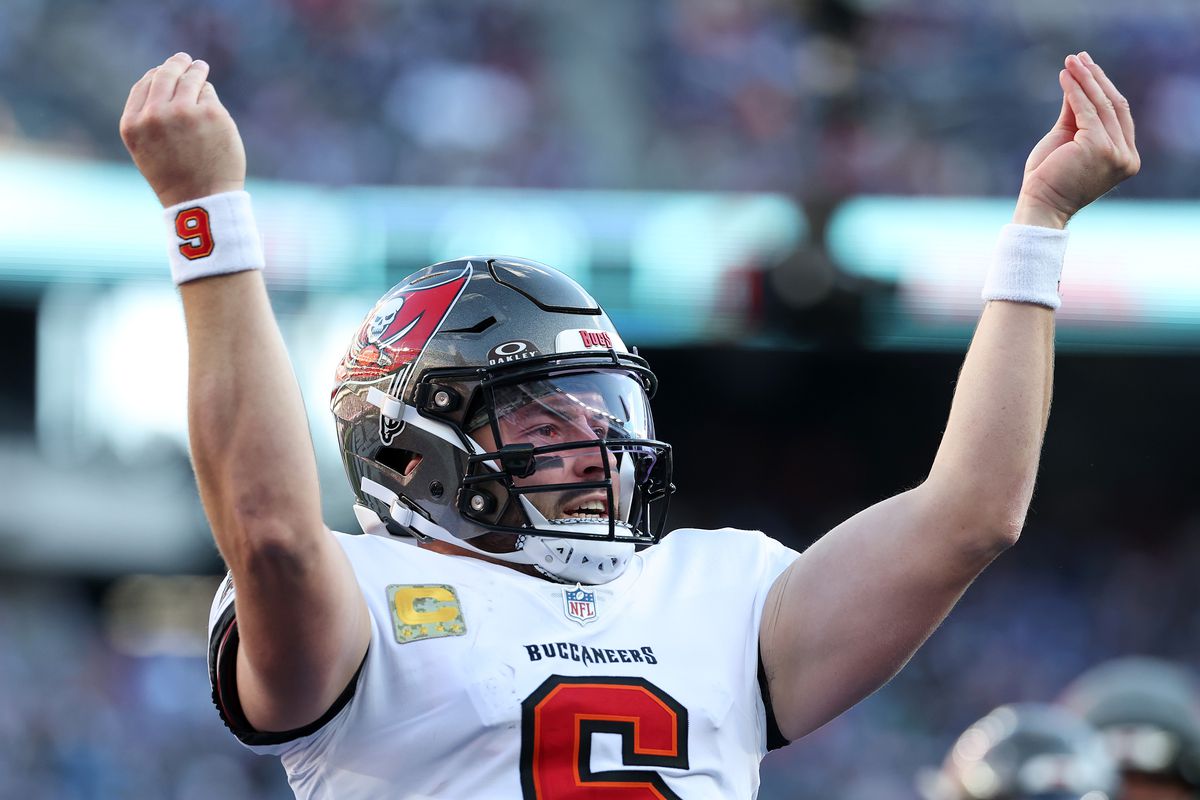 Baker Mayfield #6 of the Tampa Bay Buccaneers celebrates after scoring a touchdown against the New York Giants during the second quarter at MetLife Stadium on November 24, 2024 in East Rutherford, New Jersey.