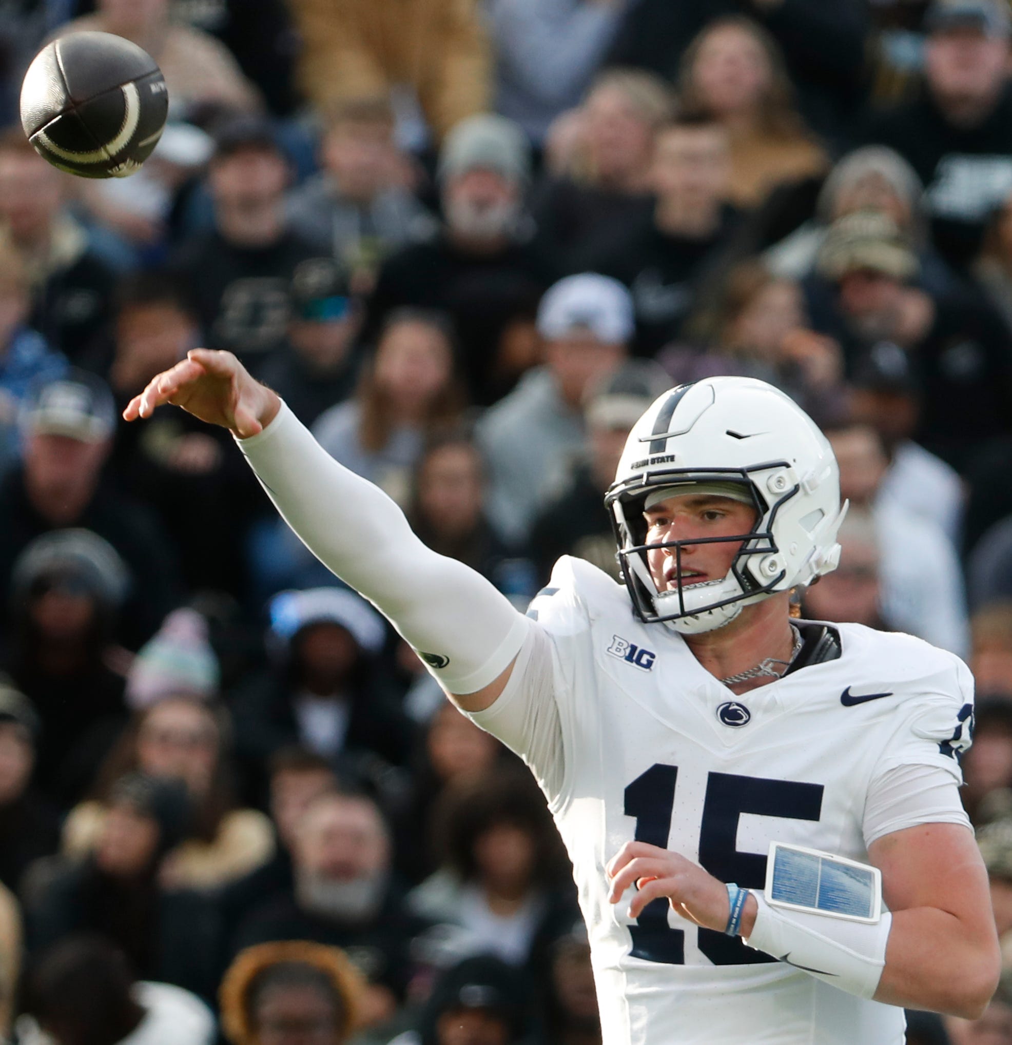 Drew Allar (15) throws the ball Saturday, Nov. 16, 2024, during the NCAA football game against the Purdue Boilermakers.